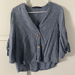 Zara Chambray Linen Blend Tie Sleeve Button Top Size XS